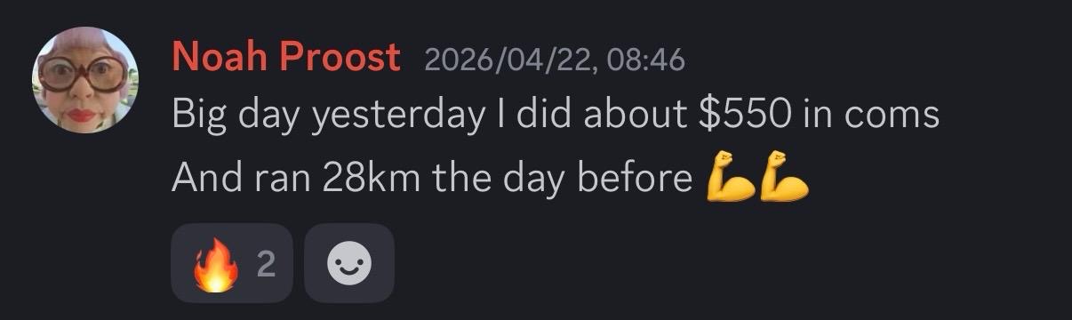 Noah — $550 in coms and ran 28km